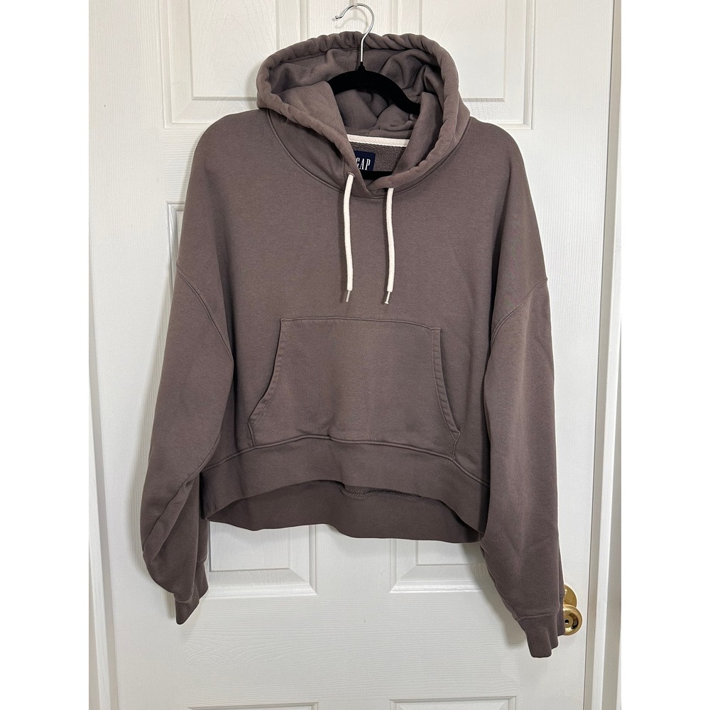 Gap Womens Fleece Cropped Hoodie Grey-Taupe Brown Large Sweatshirt Pullover